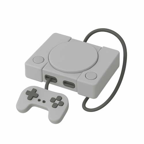 Gray gaming console with controller on a white background